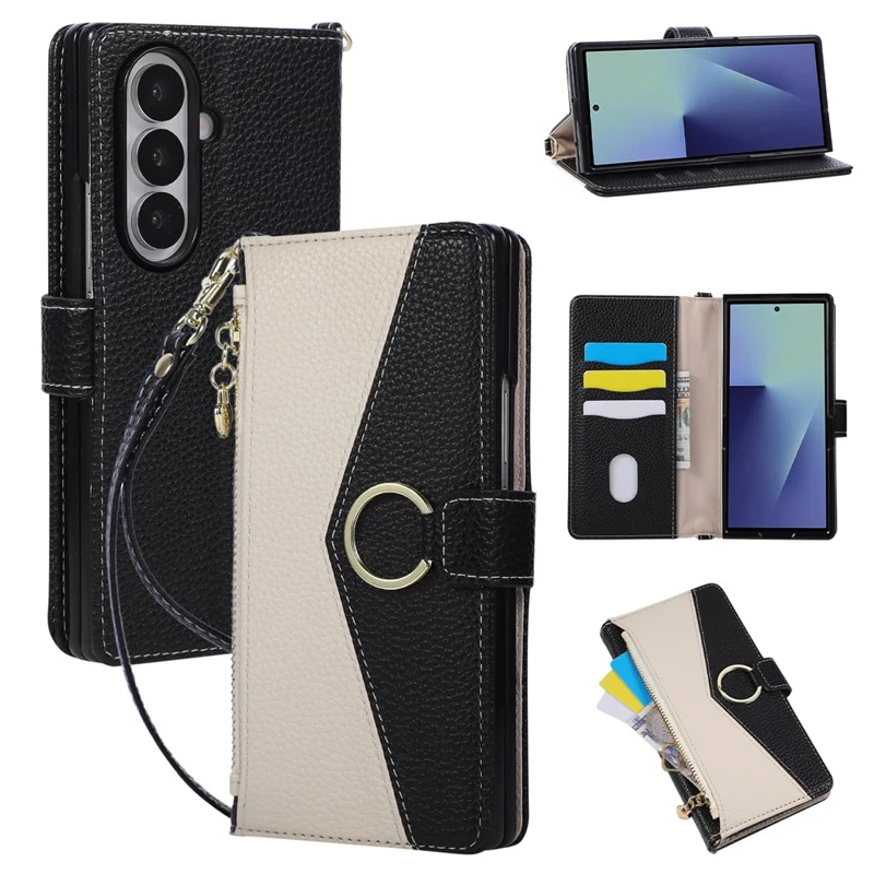 For Samsung Galaxy Z Fold7 5G Wallet Case Triangular Splicing Zipper Leather Flip Cover with Wrist Strap - Black