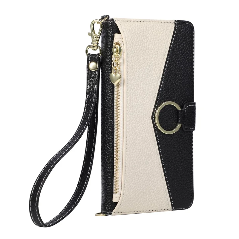 For Samsung Galaxy Z Fold7 5G Wallet Case Triangular Splicing Zipper Leather Flip Cover with Wrist Strap - Black