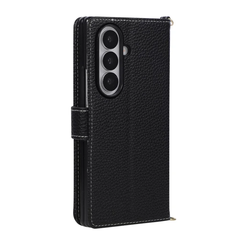 For Samsung Galaxy Z Fold7 5G Wallet Case Triangular Splicing Zipper Leather Flip Cover with Wrist Strap - Black