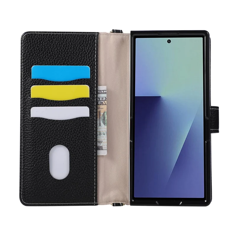 For Samsung Galaxy Z Fold7 5G Wallet Case Triangular Splicing Zipper Leather Flip Cover with Wrist Strap - Black
