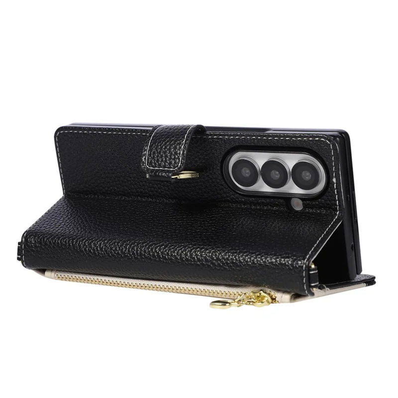For Samsung Galaxy Z Fold7 5G Wallet Case Triangular Splicing Zipper Leather Flip Cover with Wrist Strap - Black