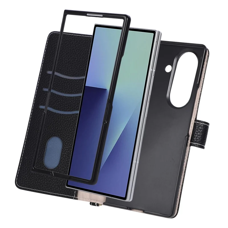 For Samsung Galaxy Z Fold7 5G Wallet Case Triangular Splicing Zipper Leather Flip Cover with Wrist Strap - Black