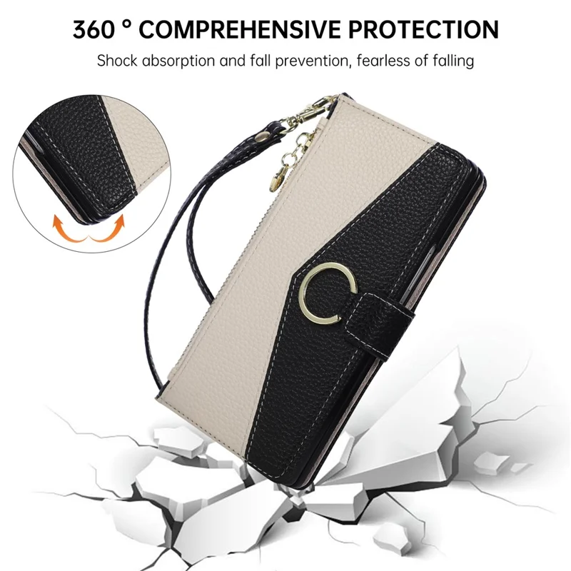 For Samsung Galaxy Z Fold7 5G Wallet Case Triangular Splicing Zipper Leather Flip Cover with Wrist Strap - Black