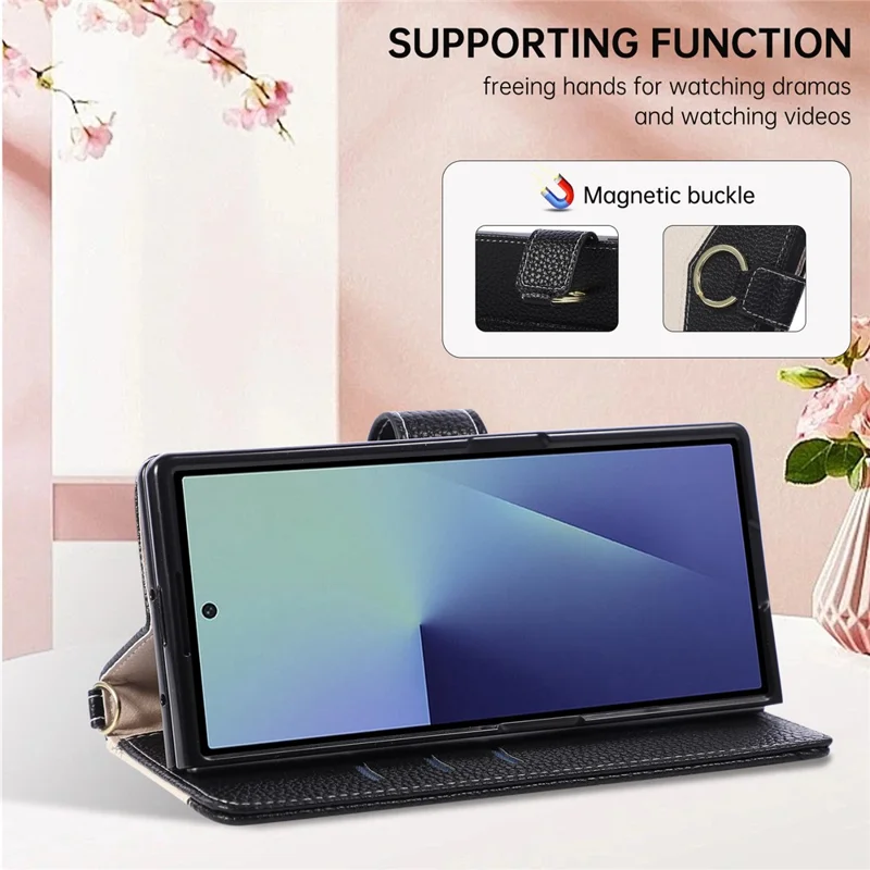 For Samsung Galaxy Z Fold7 5G Wallet Case Triangular Splicing Zipper Leather Flip Cover with Wrist Strap - Black