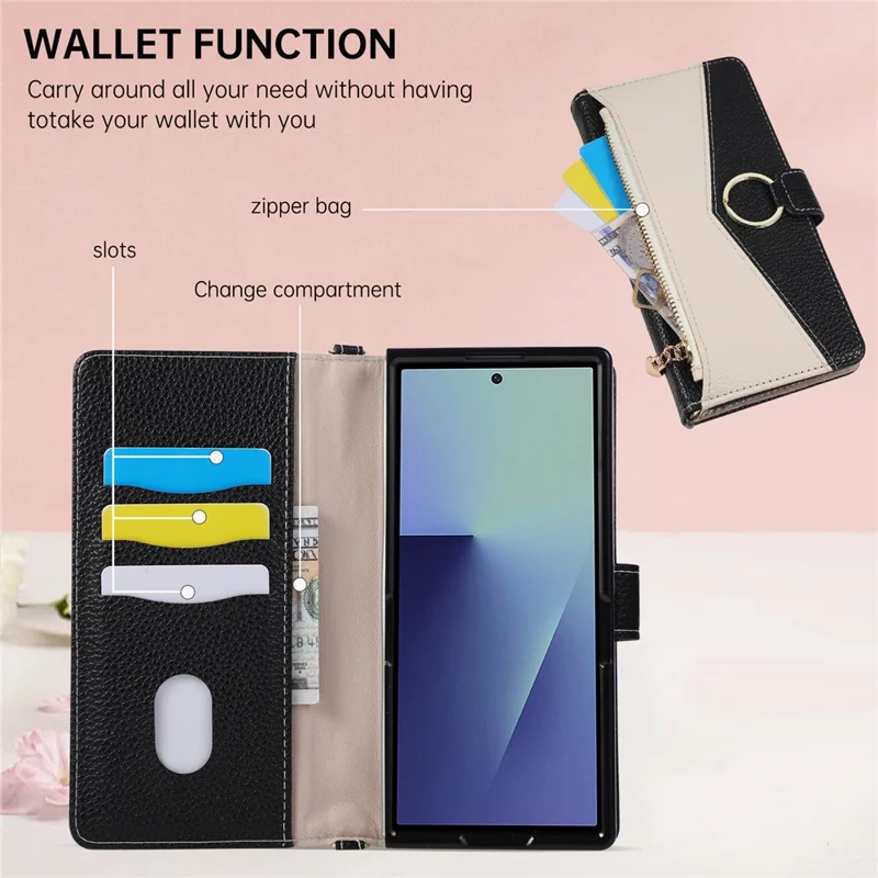 For Samsung Galaxy Z Fold7 5G Wallet Case Triangular Splicing Zipper Leather Flip Cover with Wrist Strap - Black