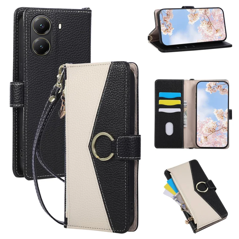 Coque portefeuille à fermeture éclair pour Xiaomi Poco X7 Pro 5G / Redmi Turbo 4 5G, support à anneau triangulaire, cuir - Noir