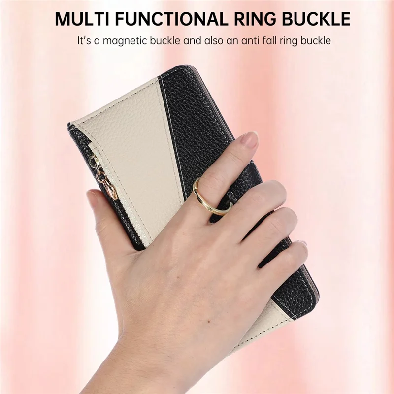 Coque portefeuille à fermeture éclair pour Xiaomi Poco X7 Pro 5G / Redmi Turbo 4 5G, support à anneau triangulaire, cuir - Noir