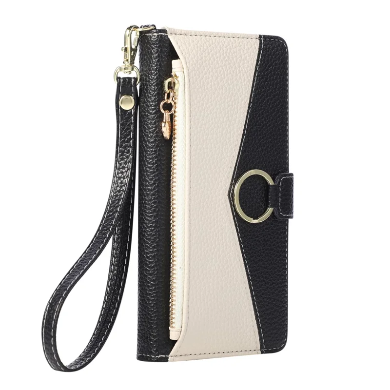 Coque portefeuille à fermeture éclair pour Xiaomi Poco X7 Pro 5G / Redmi Turbo 4 5G, support à anneau triangulaire, cuir - Noir