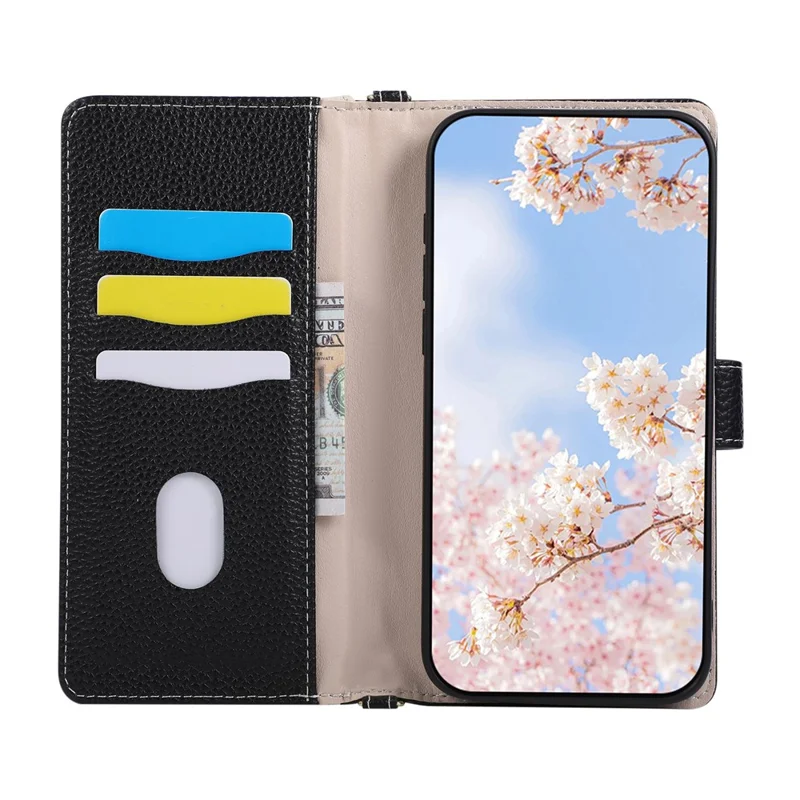 Coque portefeuille à fermeture éclair pour Xiaomi Poco X7 Pro 5G / Redmi Turbo 4 5G, support à anneau triangulaire, cuir - Noir