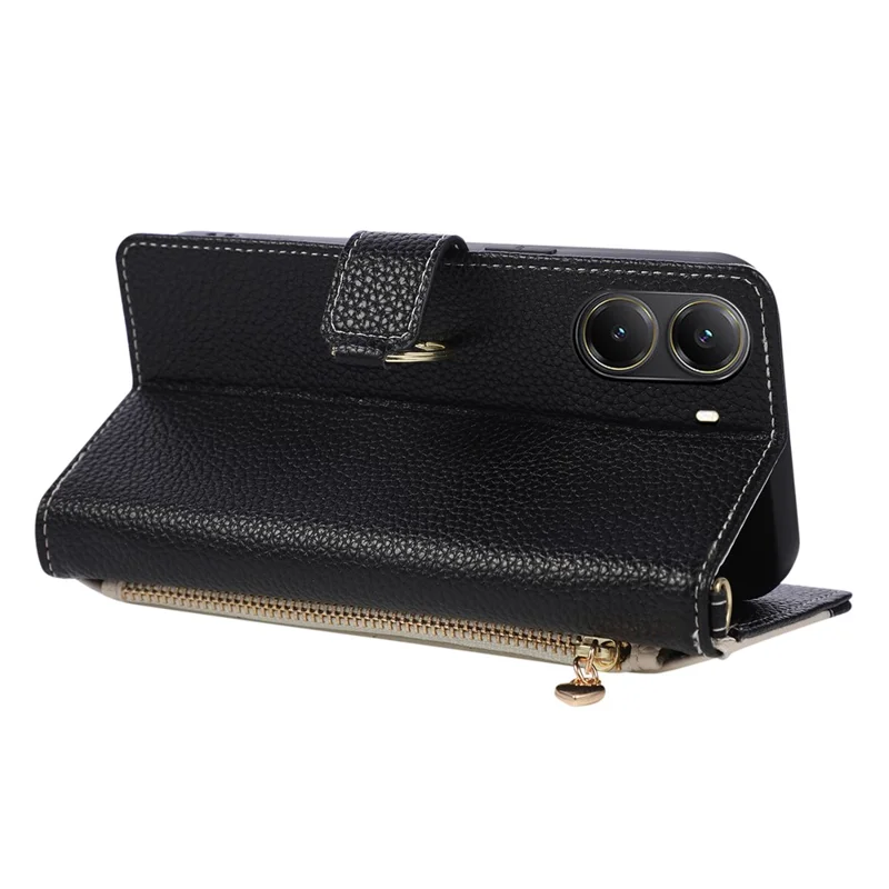 Coque portefeuille à fermeture éclair pour Xiaomi Poco X7 Pro 5G / Redmi Turbo 4 5G, support à anneau triangulaire, cuir - Noir