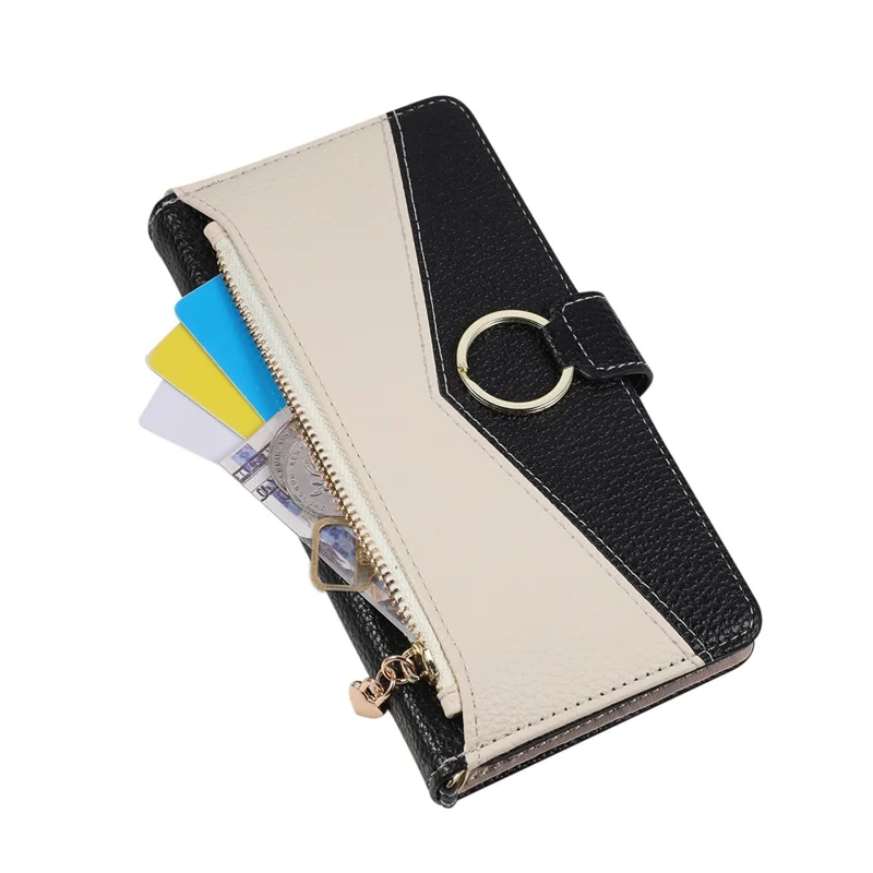 Coque portefeuille à fermeture éclair pour Xiaomi Poco X7 Pro 5G / Redmi Turbo 4 5G, support à anneau triangulaire, cuir - Noir