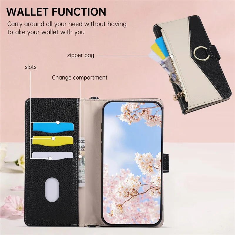 Coque portefeuille à fermeture éclair pour Xiaomi Poco X7 Pro 5G / Redmi Turbo 4 5G, support à anneau triangulaire, cuir - Noir