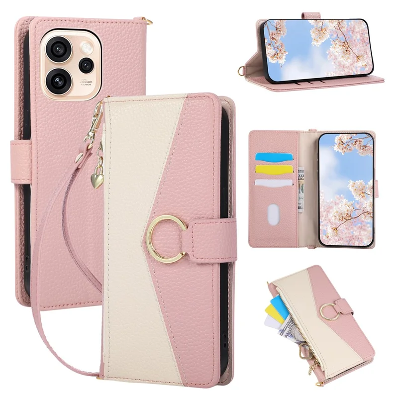 Wallet Case For Oppo Reno15 Pro Max 5G (Global) / Reno15 Pro 5G (China) Triangular Splicing Zipper Leather Flip Cover with Wrist Strap - Pink