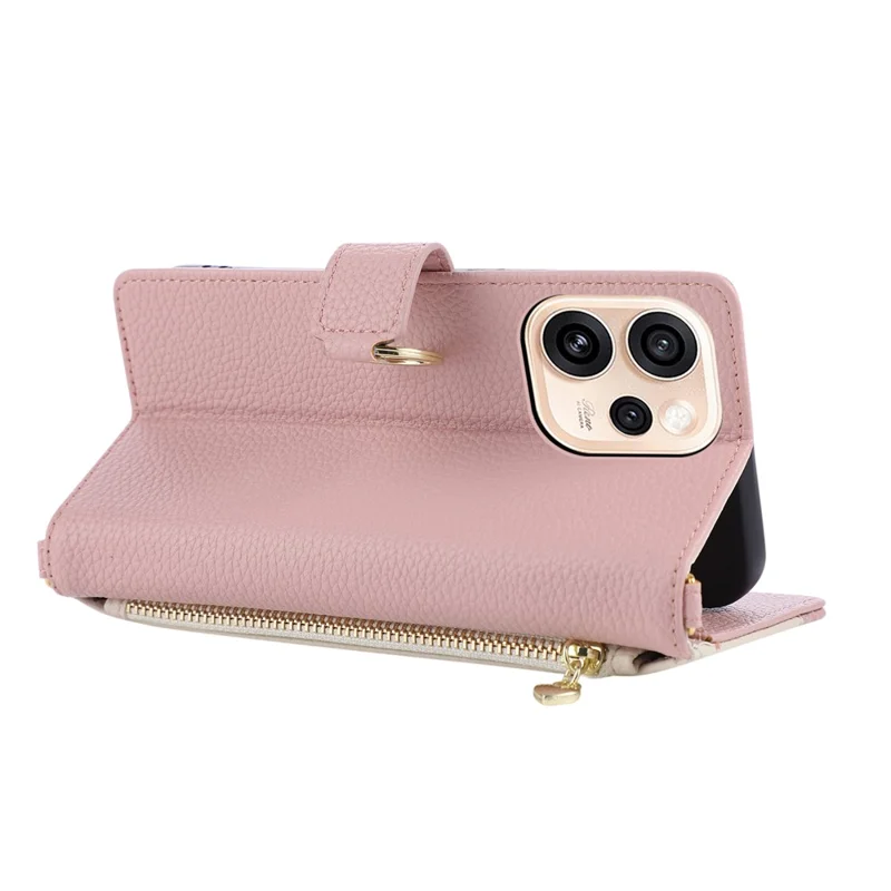 Wallet Case For Oppo Reno15 Pro Max 5G (Global) / Reno15 Pro 5G (China) Triangular Splicing Zipper Leather Flip Cover with Wrist Strap - Pink