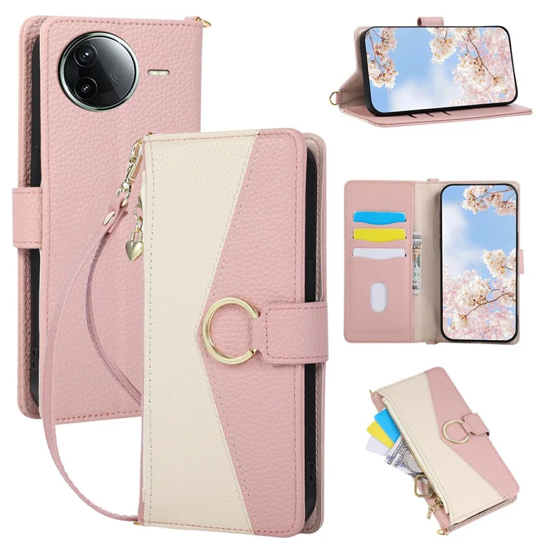 Wallet Case for Xiaomi Poco F7 Ultra 5G  /  Redmi K80 Pro 5G Triangular Splicing Zipper Leather Flip Cover with Wrist Strap - Pink