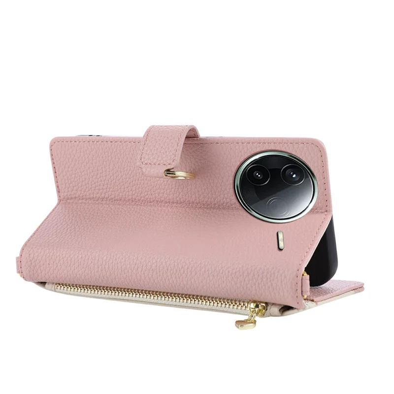 Wallet Case for Xiaomi Poco F7 Ultra 5G  /  Redmi K80 Pro 5G Triangular Splicing Zipper Leather Flip Cover with Wrist Strap - Pink
