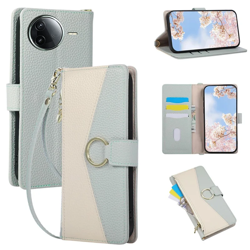 Wallet Case for Xiaomi Poco F7 Ultra 5G  /  Redmi K80 Pro 5G Triangular Splicing Zipper Leather Flip Cover with Wrist Strap - Blue