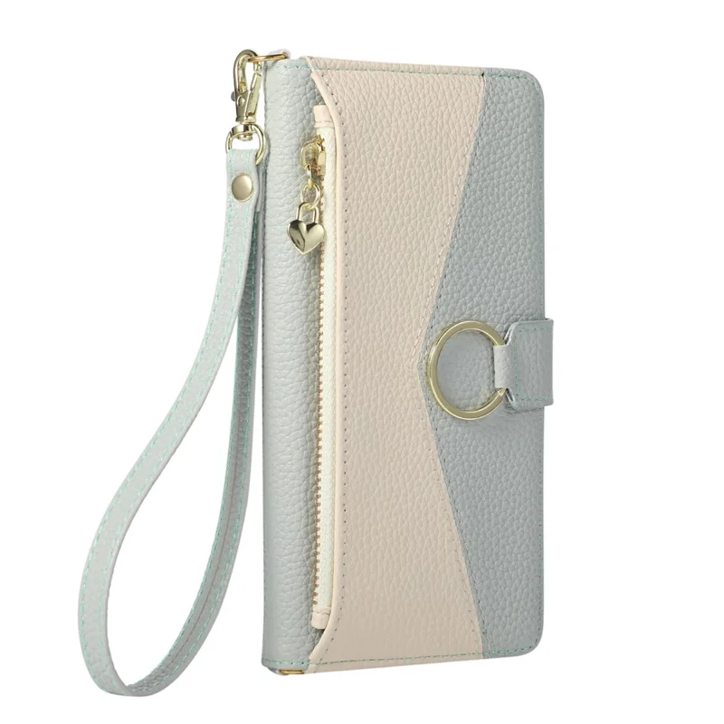 Wallet Case for Xiaomi Poco F7 Ultra 5G  /  Redmi K80 Pro 5G Triangular Splicing Zipper Leather Flip Cover with Wrist Strap - Blue