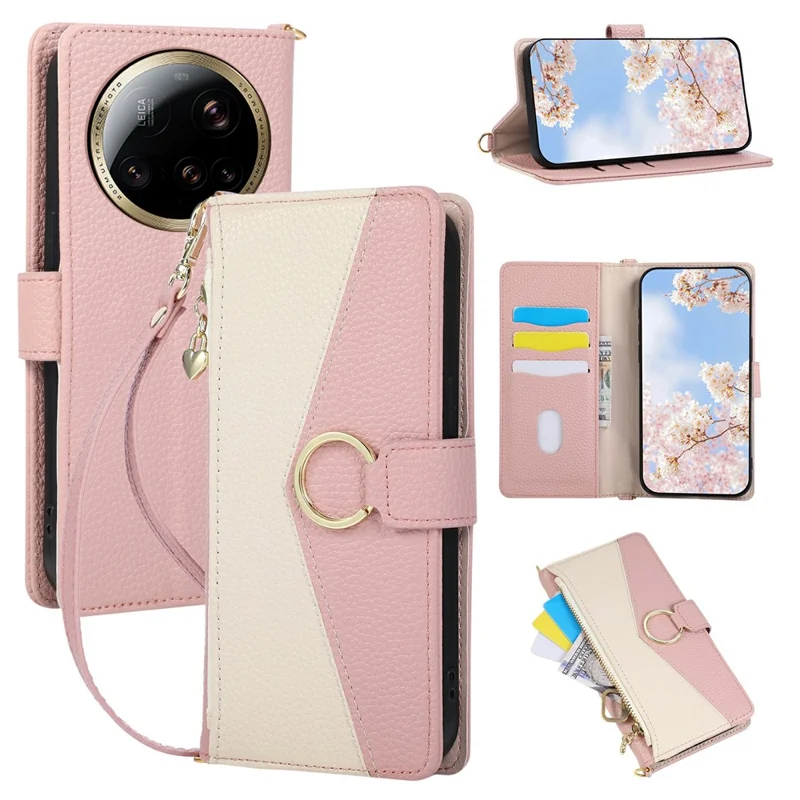 Cover portafoglio per Xiaomi 15 Ultra, custodia pieghevole in pelle con chiusura a zip, splicing triangolare e tracolla - Rosa