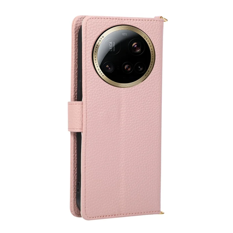 Cover portafoglio per Xiaomi 15 Ultra, custodia pieghevole in pelle con chiusura a zip, splicing triangolare e tracolla - Rosa