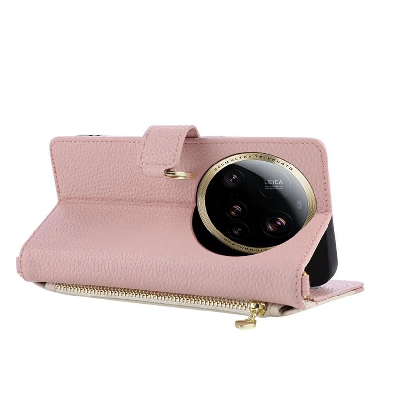 Cover portafoglio per Xiaomi 15 Ultra, custodia pieghevole in pelle con chiusura a zip, splicing triangolare e tracolla - Rosa