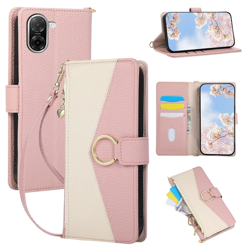 Wallet Case for Xiaomi Poco C71 4G / Redmi A5 4G (171.7mm) Triangular Splicing Zipper Leather Flip Cover with Wrist Strap - Pink