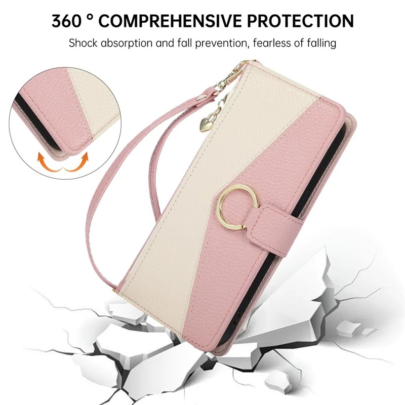 Wallet Case for Xiaomi Poco C71 4G / Redmi A5 4G (171.7mm) Triangular Splicing Zipper Leather Flip Cover with Wrist Strap - Pink