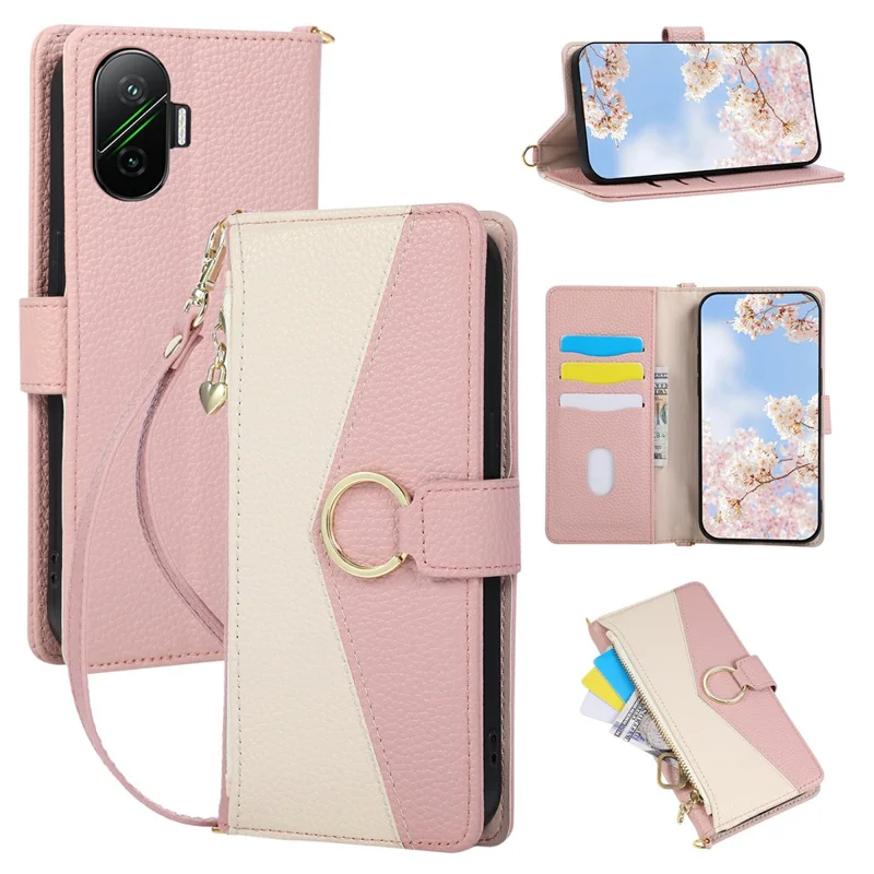 Wallet Case for Xiaomi Redmi Turbo 4 Pro 5G / Poco F7 5G Triangular Splicing Zipper Leather Flip Cover with Wrist Strap - Pink
