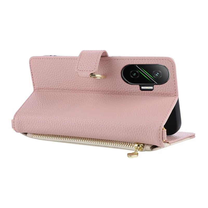 Wallet Case for Xiaomi Redmi Turbo 4 Pro 5G / Poco F7 5G Triangular Splicing Zipper Leather Flip Cover with Wrist Strap - Pink