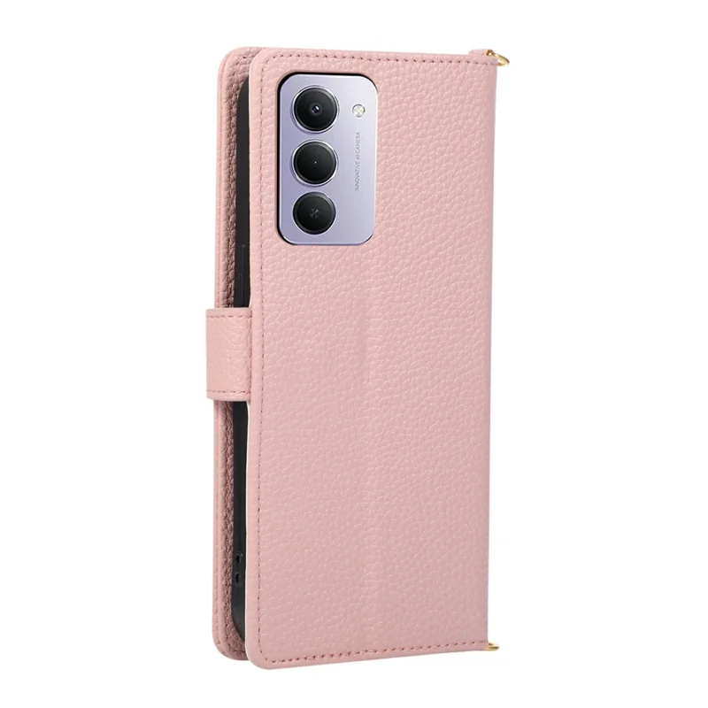 Wallet Case for Xiaomi Redmi 15 4G (EU) (171mm) / 15 5G (EU) (171mm) Triangular Splicing Zipper Leather Flip Cover with Wrist Strap - Pink