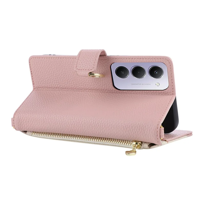 Wallet Case for Xiaomi Redmi 15 4G (EU) (171mm) / 15 5G (EU) (171mm) Triangular Splicing Zipper Leather Flip Cover with Wrist Strap - Pink