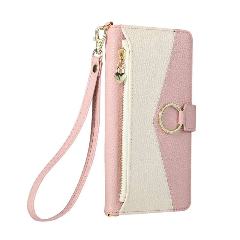 Wallet Case for Xiaomi Redmi Note 15 5G (Global) / Poco M8 5G Triangular Splicing Zipper Leather Flip Cover with Wrist Strap - Pink