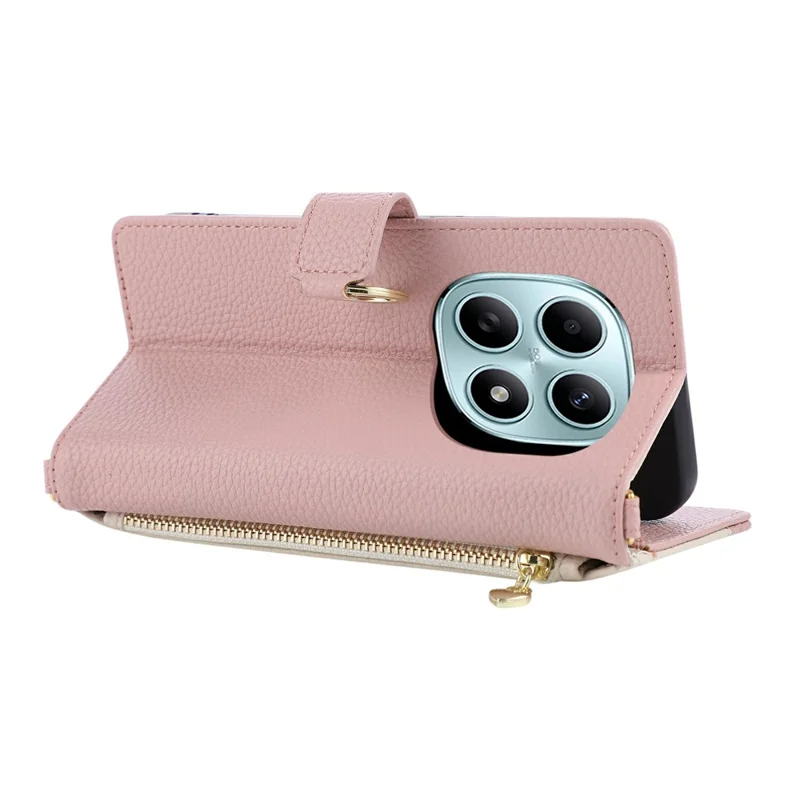 Wallet Case for Xiaomi Redmi Note 15 5G (Global) / Poco M8 5G Triangular Splicing Zipper Leather Flip Cover with Wrist Strap - Pink