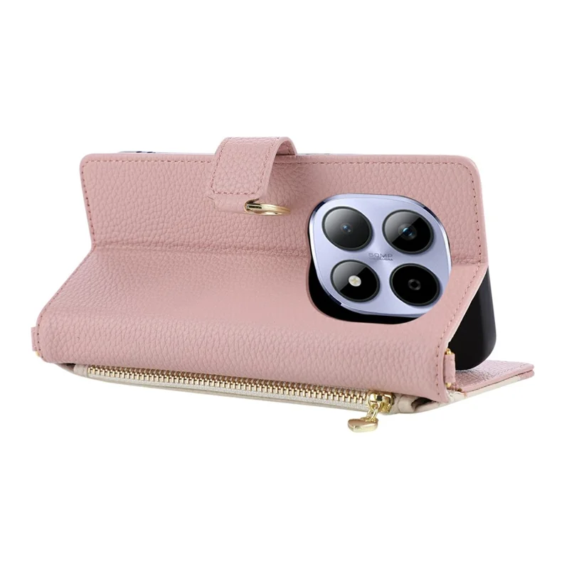 For Xiaomi Redmi Note 15 Pro 5G (Global) Wallet Case Triangular Splicing Zipper Leather Flip Cover with Wrist Strap - Pink