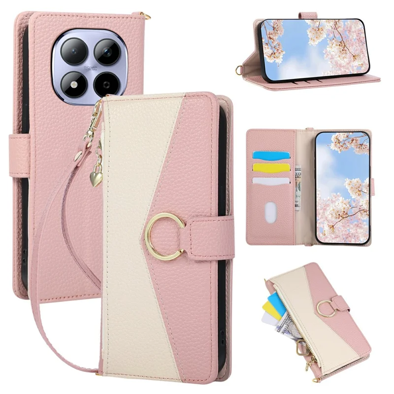 For Xiaomi Redmi Note 15 Pro+ 5G (Global) Wallet Case Triangular Splicing Zipper Leather Flip Cover with Wrist Strap - Pink