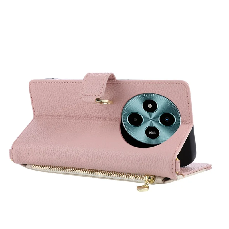 För Xiaomi Poco M7 5G, fäckfodral med blixtlås, triangelringhållare, läder, vikbar hölse - Rosa