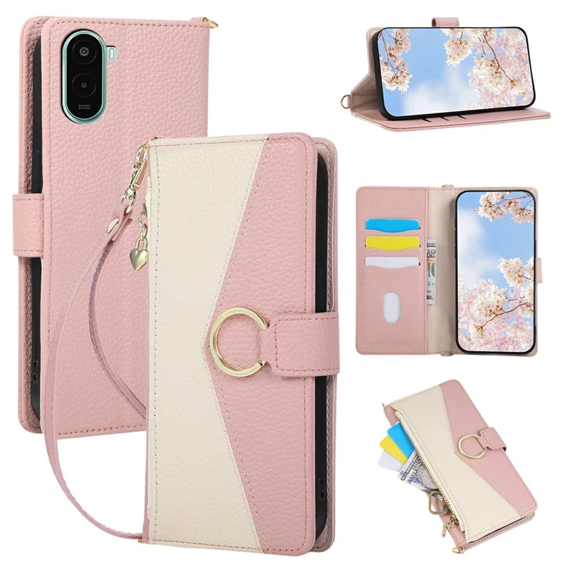Cover in pelle con portafoglio con chiusura ad anello triangolare, resistente agli urti, con contrasto di colore e supporto per Xiaomi Poco M7 Plus 5G - Rosa