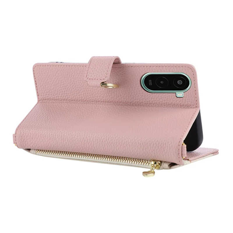 Cover in pelle con portafoglio con chiusura ad anello triangolare, resistente agli urti, con contrasto di colore e supporto per Xiaomi Poco M7 Plus 5G - Rosa