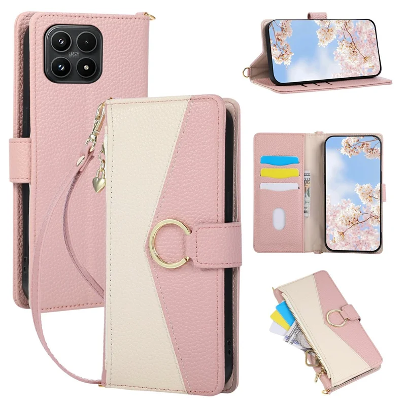 Coque portefeuille pour téléphone Xiaomi 17 Triangle Splicing Anneau Support Cuir Fermeture Étanche - Rose