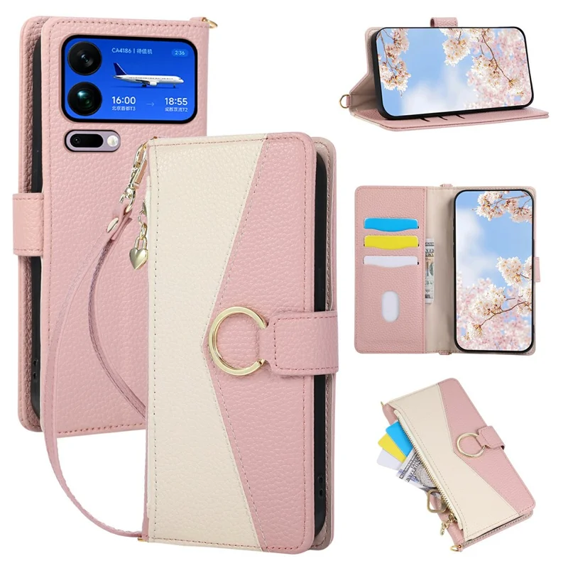 Étui portefeuille pour Xiaomi 17 Pro Max avec anneau, support triangulé, fermeture à glissière, housse rabattable en cuir résistante aux chocs - Rose