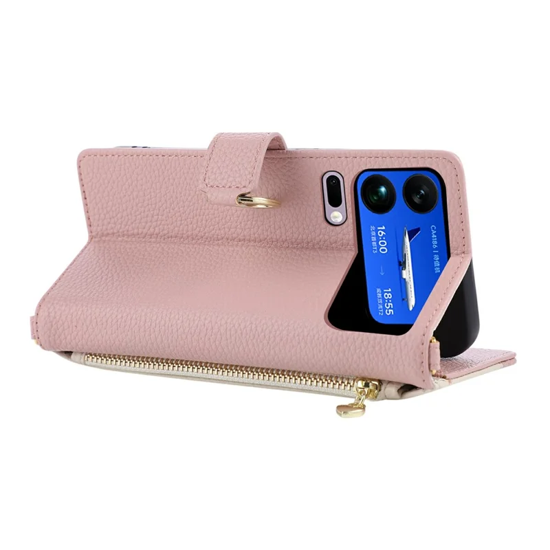 Étui portefeuille pour Xiaomi 17 Pro Max avec anneau, support triangulé, fermeture à glissière, housse rabattable en cuir résistante aux chocs - Rose