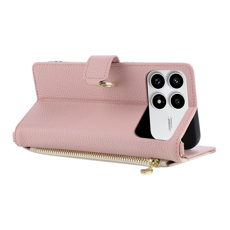 Wallet Case for Xiaomi Redmi K90 5G / Poco F8 Pro Triangular Splicing Zipper Leather Flip Cover with Wrist Strap - Pink