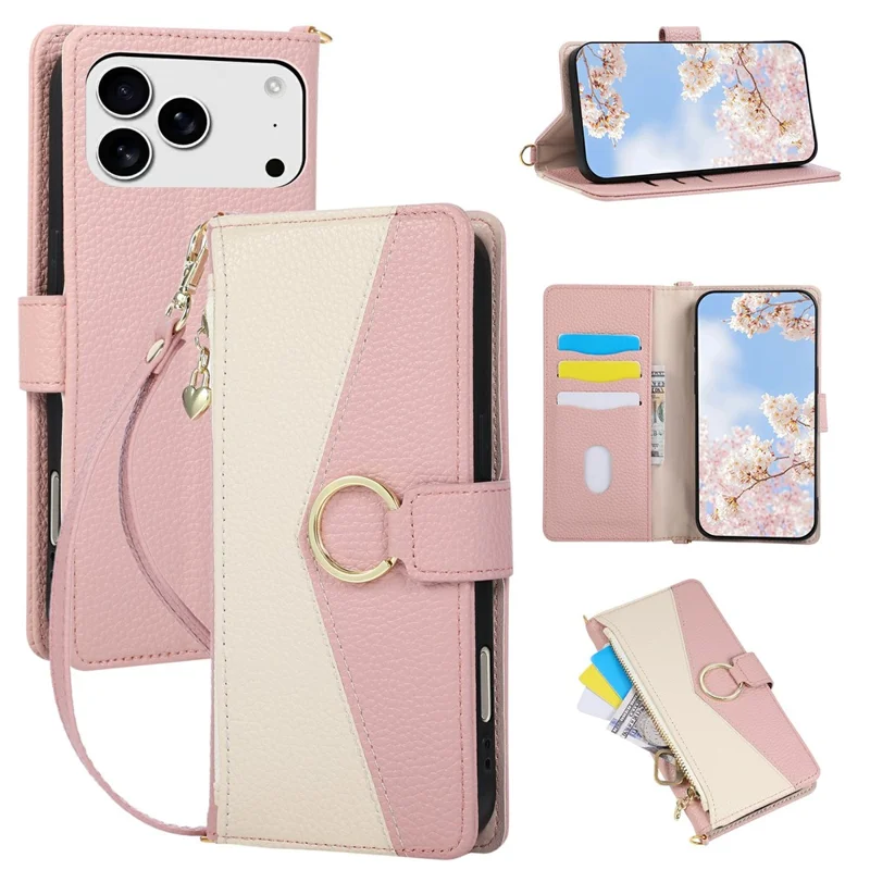 Mappenhülle für iPhone 17 Pro mit Dreiecksring, Reißverschluss, Flip-Lederhülle, stoßfest, Kartenhalter, Ständer – Rosa