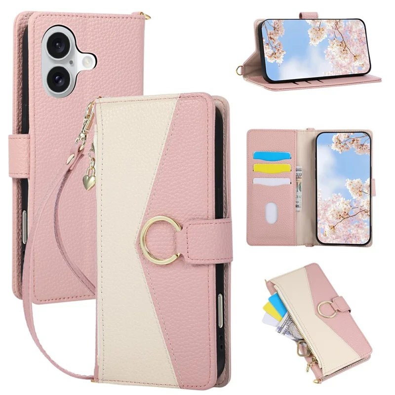 Coque portefeuille pour iPhone 16, support à anneau, fermeture à glissière, cuir PU, rabat avec fentes pour cartes, motif patchwork triangulaire - Rose