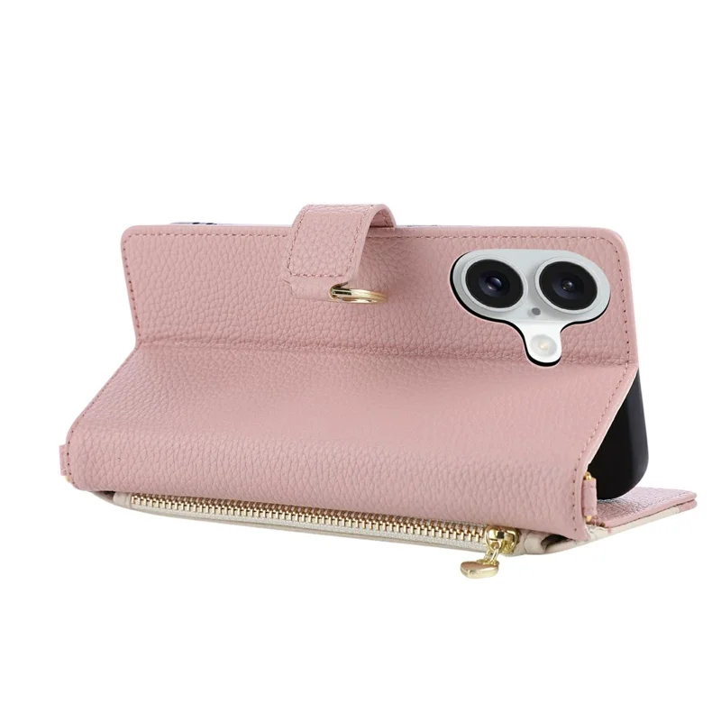 Coque portefeuille pour iPhone 16, support à anneau, fermeture à glissière, cuir PU, rabat avec fentes pour cartes, motif patchwork triangulaire - Rose