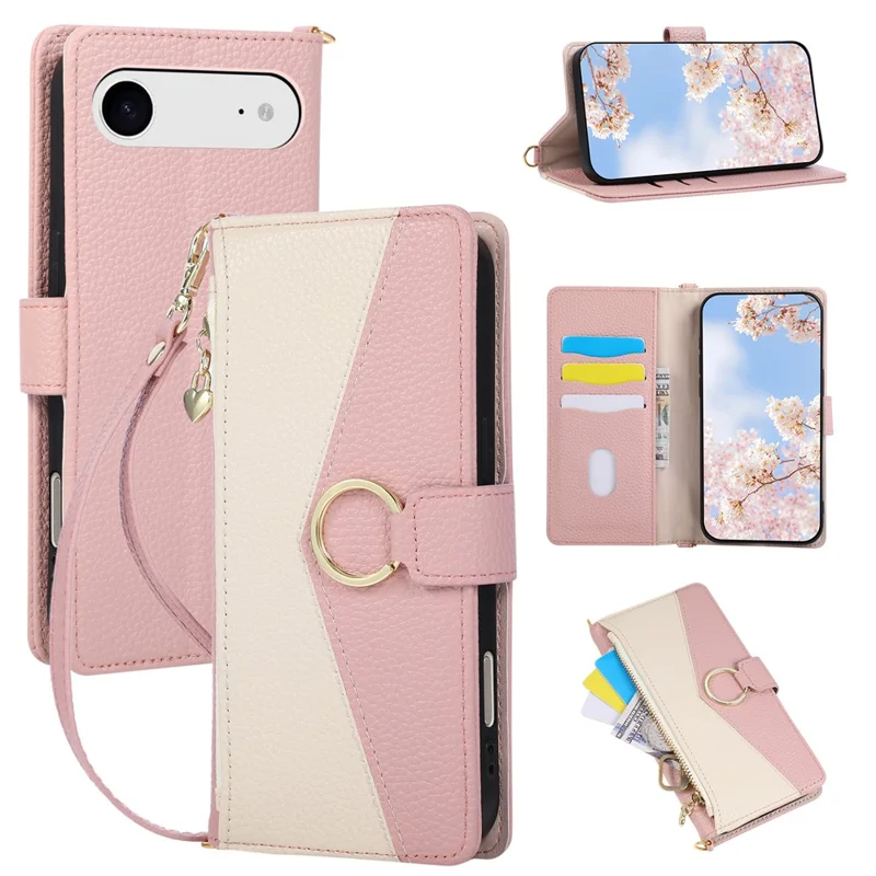 For iPhone Air Wallet Case Triangular Splicing Zipper Leather Flip Cover with Wrist Strap - Pink