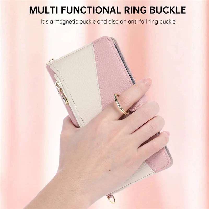 For iPhone Air Wallet Case Triangular Splicing Zipper Leather Flip Cover with Wrist Strap - Pink