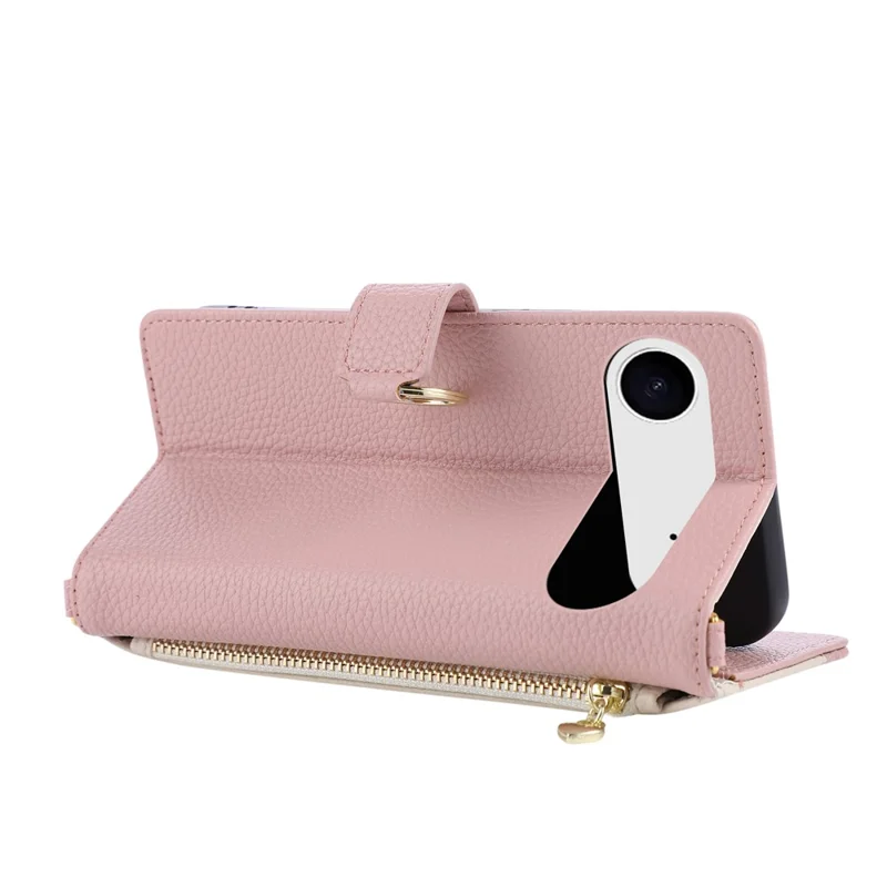For iPhone Air Wallet Case Triangular Splicing Zipper Leather Flip Cover with Wrist Strap - Pink