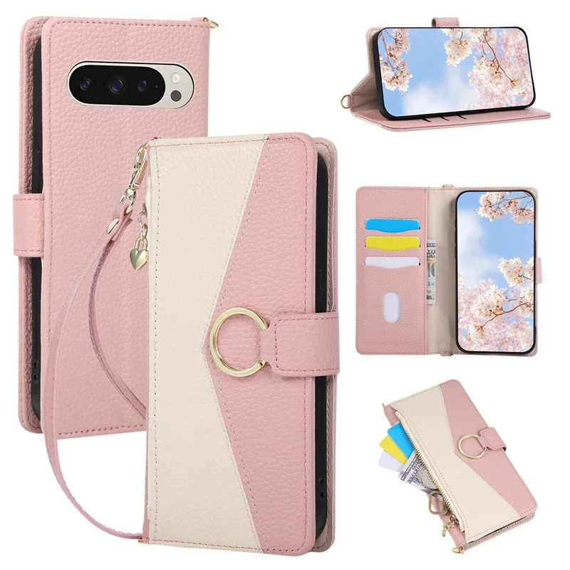 Wallet Case for Google Pixel 10 Pro XL  /  9 Pro XL Triangular Splicing Zipper Leather Flip Cover with Wrist Strap - Pink