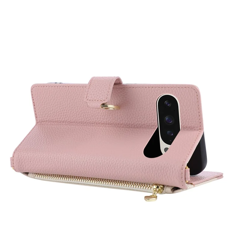 Wallet Case for Google Pixel 10 Pro XL  /  9 Pro XL Triangular Splicing Zipper Leather Flip Cover with Wrist Strap - Pink